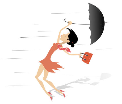 Windy day and woman with a handbag and umbrella isolated. Strong wind and a young woman trying to keep an umbrella and handbag isolated on white illustration
