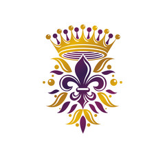 Retro golden vintage Insignia created with lily flower and imperial crown. Vector quality idea design element, Fleur-De-Lis.