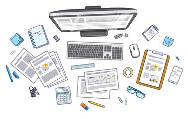 Work desk workspace top view with PC computer and analytics papers with graphs and data and stationery objects on table. All elements are easy to use separately or recompose illustration. Vector.