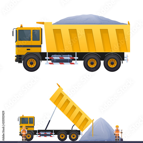 Vector Dumper And Road Worker Ilration Of Works Truck On Vector Dumper And Road Worker Ilration Of Works Truck On In Helmet Yellow Dump