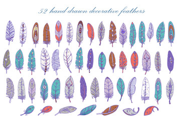 set of hand-drawn decorative feathers. Vector 