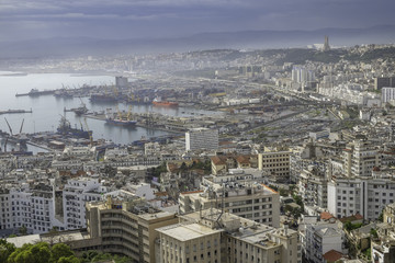 Fototapeta na wymiar Aerial view to the downtown and port of Algiers, Algeria