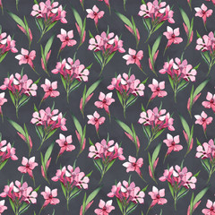 Watercolor seamless pattern of pink flowers and green leaves on dark splash background.