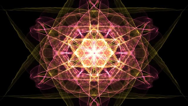 Glowing fiery fractal in red and orange, fata morgana style, star shape on black background, hot air waves illusion, heat distortion 4k video