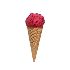 Crunchy waffle cone with tasty fruit ice-cream isolated on white background. 