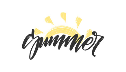 Handwritten ink lettering of Summer with hand drawn brush sun