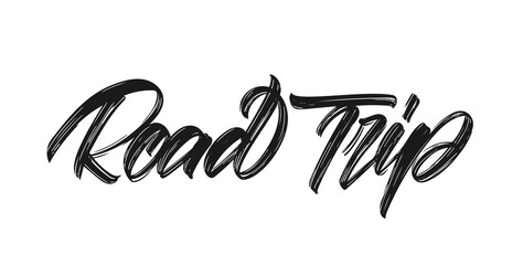 Vintage grunge Hand drawn brush type lettering of Road Trip on white background.