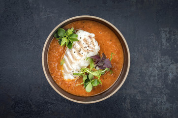Traditionelle französische Fischsuppe mit gedämpften  Kabeljau als Draufsicht in einer Schale mit Textfreiraum