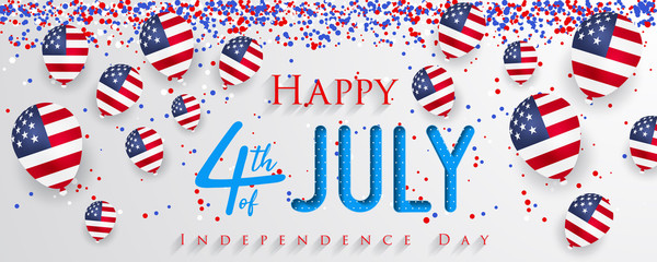 Obraz premium Happy 4th of July USA Independence Day greeting card with balloons and hand lettering text design.