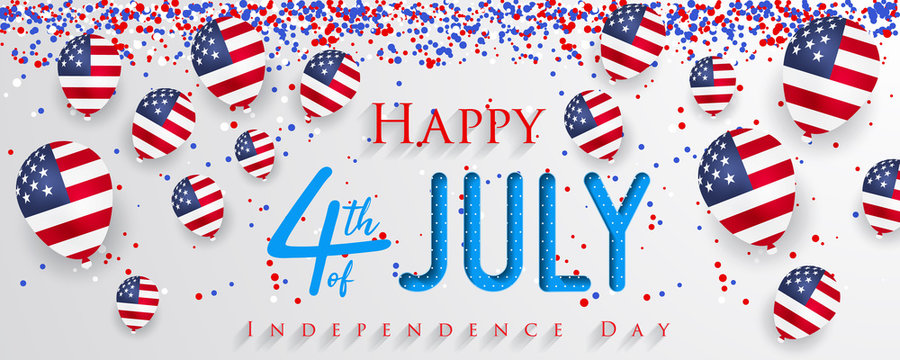 Happy 4th of July USA Independence Day greeting card with balloons and hand lettering text design.
