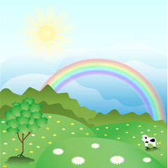 A peaceful summer landscape with a rainbow and green flowering meadows.