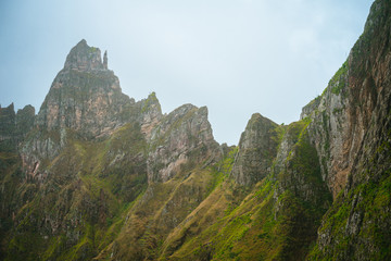Sharp stand out mountain ridge overgrown with verdant grass. Xo-Xo Valley. Santo Antao Island, Cape Verde Cabo Verde