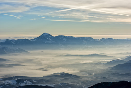 Italy, Umbria, Apennines at sunset in Winter