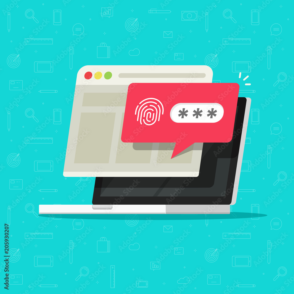Poster laptop computer with unlocked via fingerprint password bubble notification, flat cartoon design of p