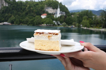 vanilla and custard cream cake on Bled lake in SLovenia