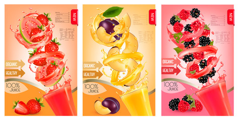 Obraz na płótnie Canvas Label of peach juice splash in a glass. Desing template. Vector.