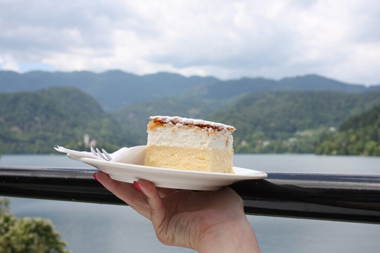 vanilla and custard cream cake on Bled lake in SLovenia