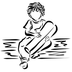 A small curly-haired child is sitting with a scroll in his hand