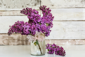 Bouquet of Purple Lilac  on a  Wooden Background.Spring Background