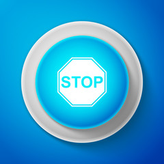 White Stop signisolated on blue background. Traffic regulatory warning stop symbol. Circle blue button with white line. Vector Illustration