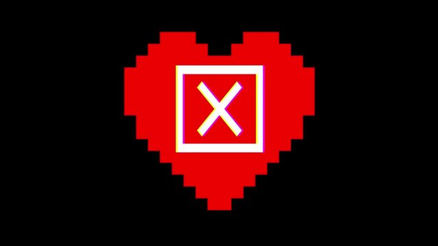 pixel heart with close check mark symbol glitch interference screen seamless loop animation background new dynamic retro vintage joyful colorful video footage
