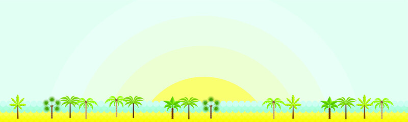 Fototapeta na wymiar Summer vector illustration for site header, footer, web banner, flyer or postcard, modern flat design conceptual landscapes with sea/ocean, beach, palms and sun.
