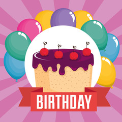 birthday card with sweet cake and balloons air vector illustration design