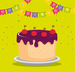 birthday card with sweet cake and garlands vector illustration design