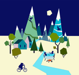 Flat design modern vector illustration, night in a mountains with animals