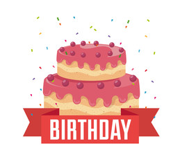 birthday card with sweet cake and ribbon frame vector illustration design