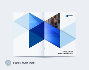 Fototapeta premium Abstract double-page brochure design hexagon style with blue colourful triangles for branding. Business vector presentation broadside.