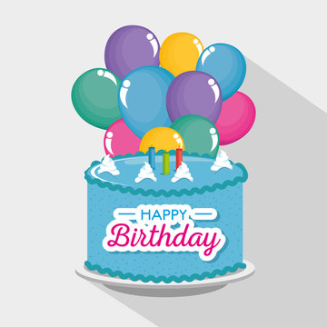 birthday card with sweet cake and balloons air vector illustration design