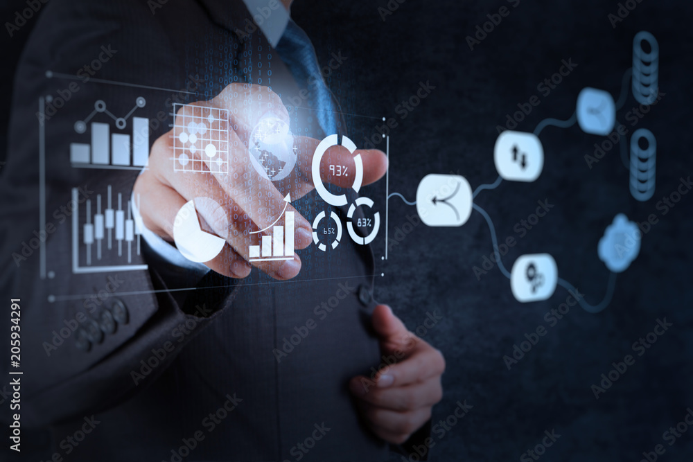 Poster Data Management System (DMS) with Business Analytics concept. businessman working with provide information for Key Performance Indicators (KPI) and marketing analysis onn virtual computer