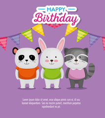 happy birthday card with cute animals vector illustration design