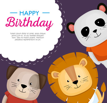 happy birthday card with cute animals vector illustration design