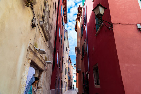 Narrow path in the beautiful town of Rovinj, Istra, Adriatic Coast, Croatia.