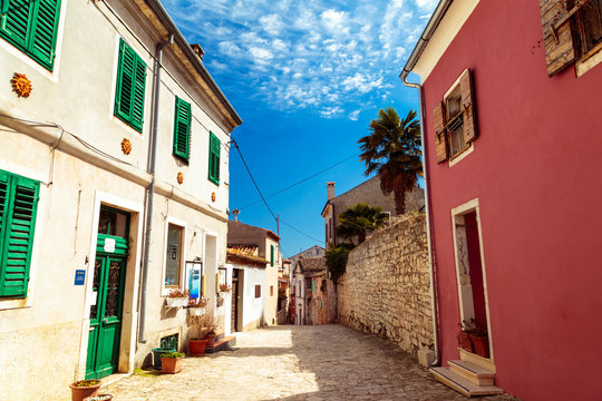 Narrow path in the beautiful town of Rovinj, Istra, Adriatic Coast, Croatia.