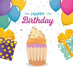happy birthday card with cupcake and balloons air vector illustration design