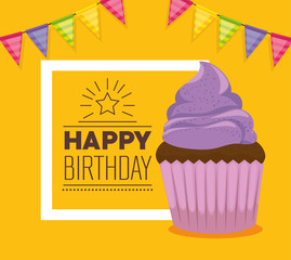 happy birthday card with cupcake and garlands vector illustration design