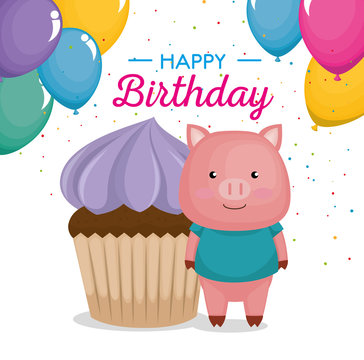 happy birthday card with cupcake and cute piggy vector illustration design