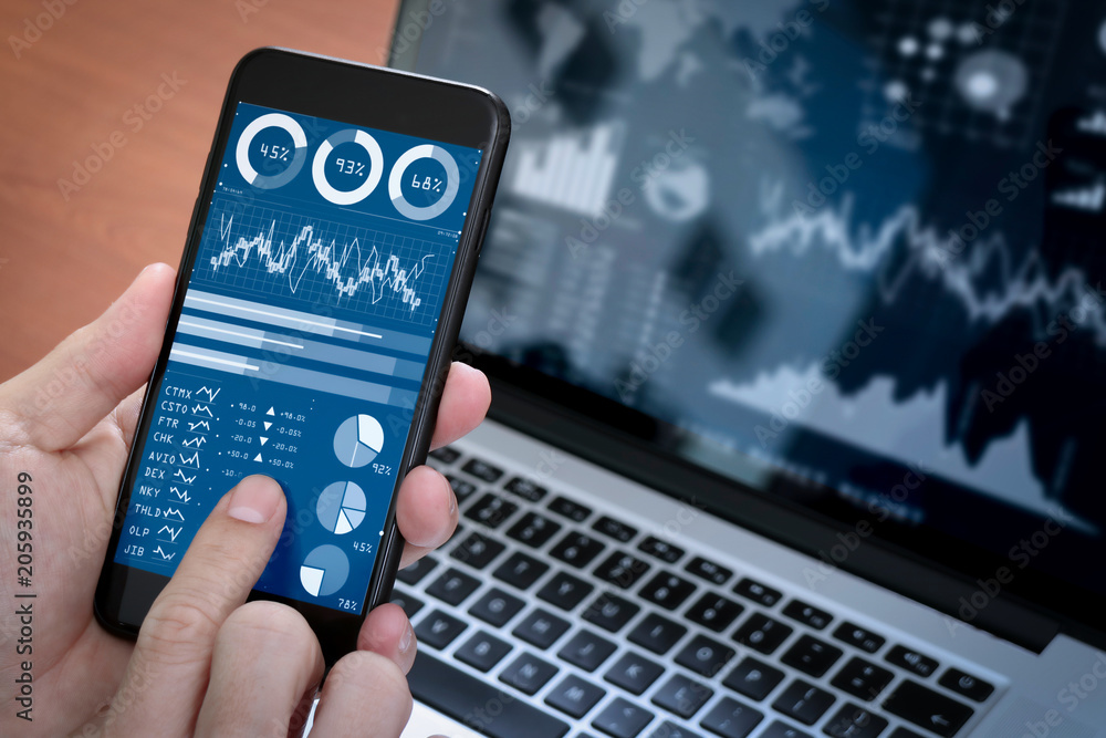 Aufkleber Investor analyzing stock market report and financial dashboard with business intelligence (BI), with key performance indicators (KPI).Businessman using smart phone with laptop computer.