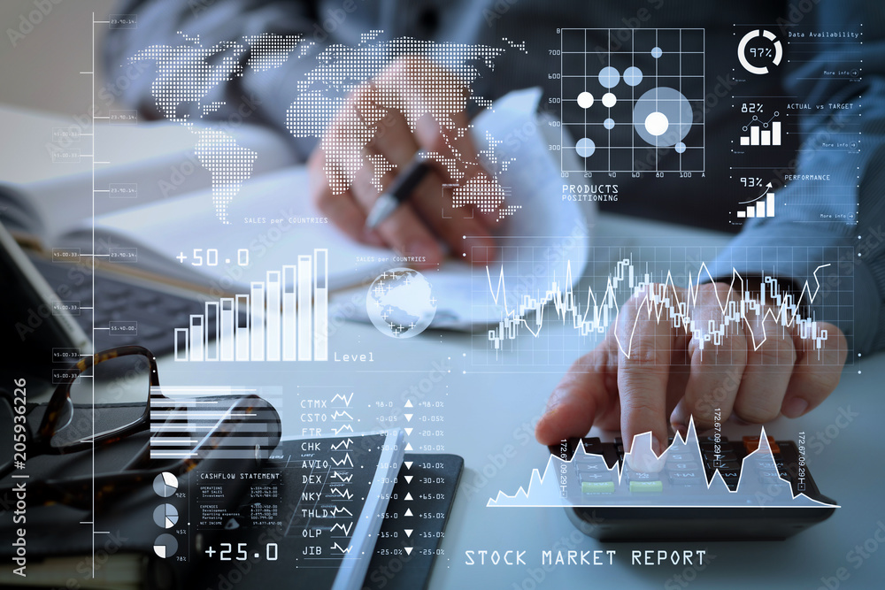 Poster businessman hand working with finances about cost and calculator and latop with mobile phone on with
