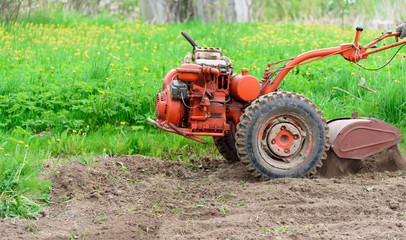 Obraz premium A small tractor, a motoblock, with a seed mill, working on the edge of a freshly-fallen and treated field, soil prepared for sowing. The concept of agriculture, agriculture and agricultural machinery.