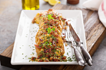 Fried green tomatoes with cheese sauce