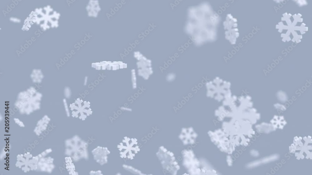 Poster abstract 3d rendering of flying snowflakes shapes. computer generated animation. winter motion backg