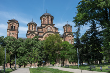 Fototapeta na wymiar St. Mark's Church or Church of St. Mark is a Serbian Orthodox church located in the Tasmajdan park in Belgrade, Serbia, near the Parliament of Serbia
