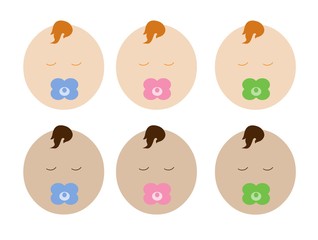 Rosto de bebê com chupeta em diversas cores