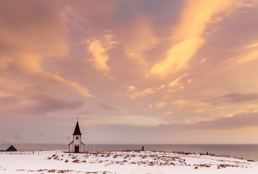 Scenic view of Hellnar Church during sunset