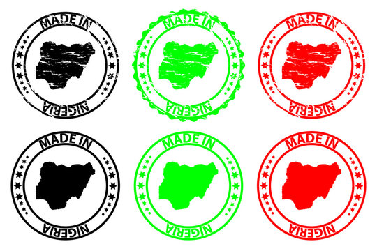Made in Nigeria - rubber stamp - vector, Nigeria map pattern - black, green and red