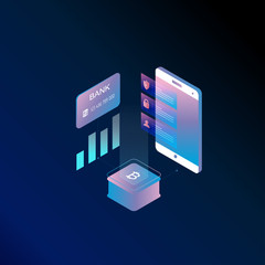 Bitcoin isometric concept vector illustration. Cryptocurrency and block chain technology, block chain platform, digital money market, investment and finance concept 
